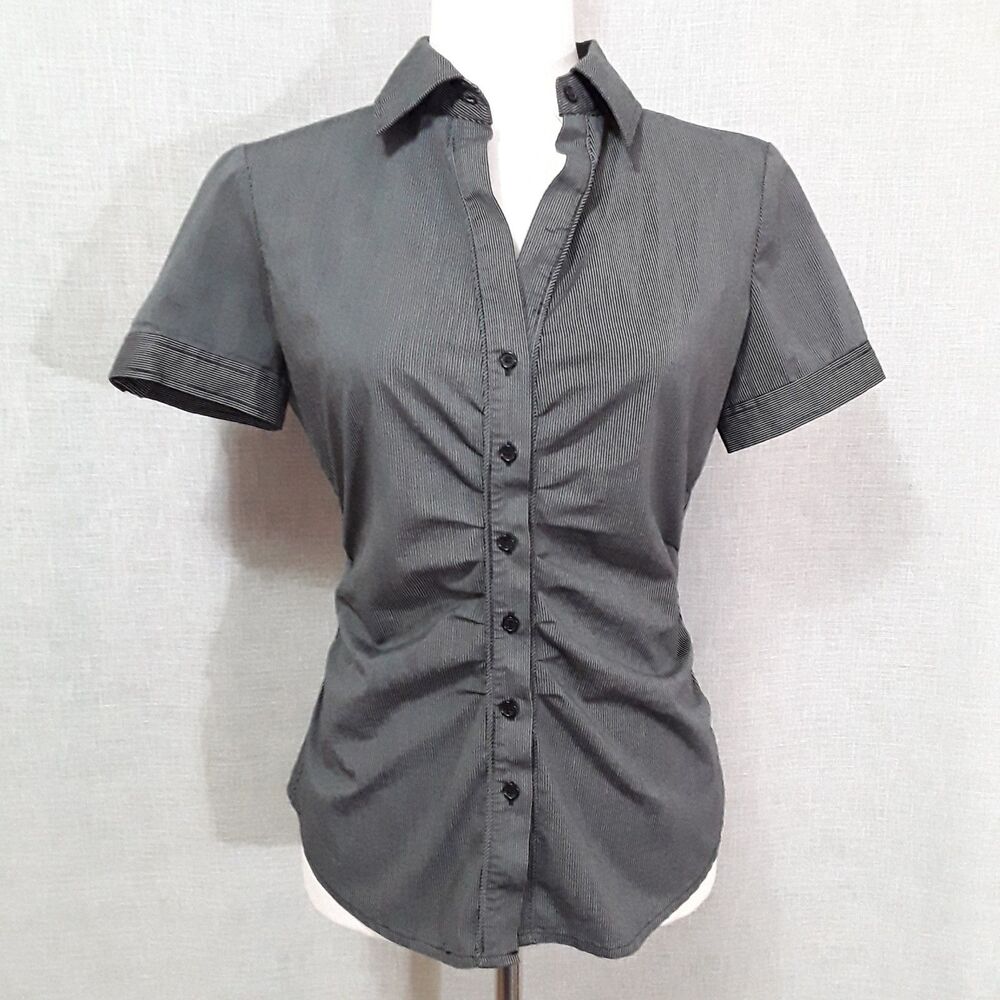New York & Co Size SZ Small Pinstripe Blouse Shirred Front Tailored Silhouette